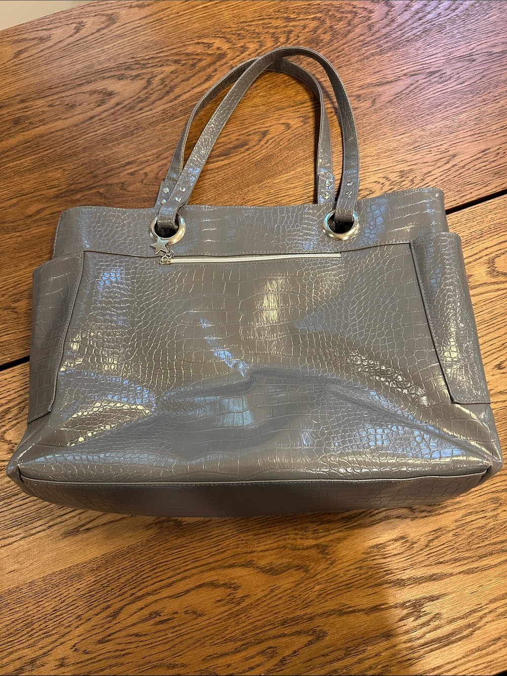 Gray Croc-Embossed Tote Bag with Star Charm